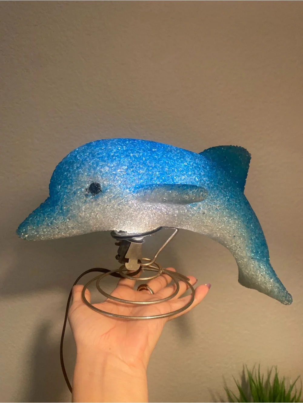Vintage Dolphin Night Light Lamp Blue/White Corded Metal Spiral Base Y2K 90s kid